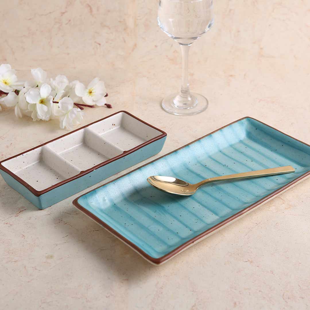 Teramo Stoneware Rectangular Platter 12" x 6"  Blue and 3 Portion Large Tray Blue