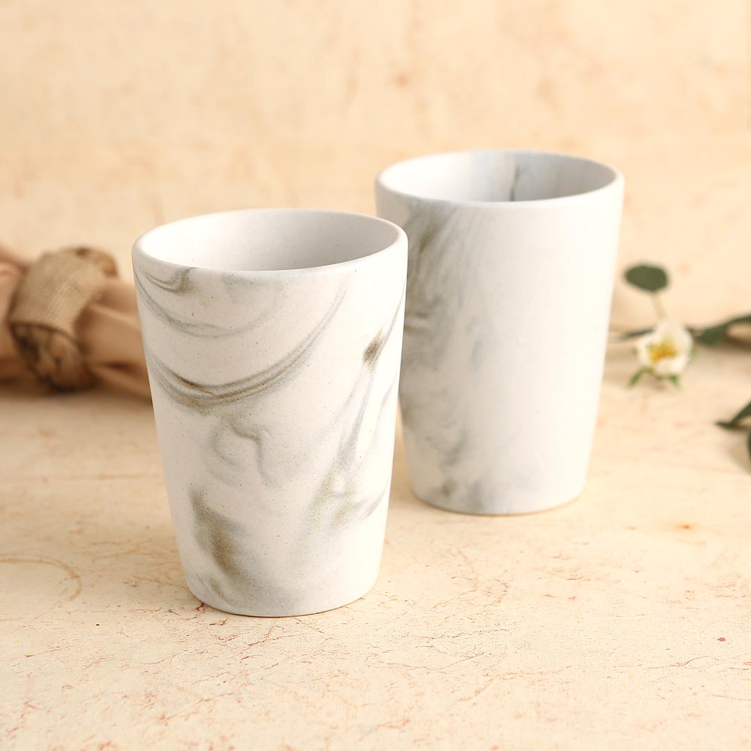 Teramo Stoneware Lassi Tumbler - Marble White (Set of 2)