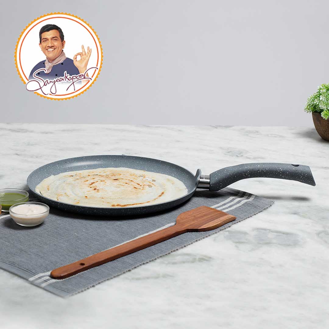 Granite Non-stick Dosa Tawa, Induction Bottom, Soft-touch Handle, Virgin Grade Aluminium, PFOA/Heavy metals free, 3.5mm, 30cm, 2 years warranty, Grey