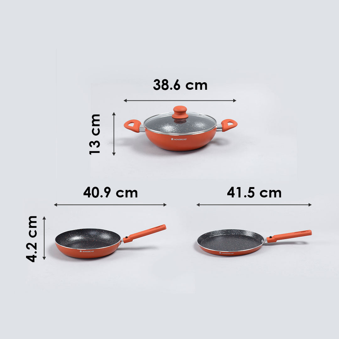 Power Non-stick Cookware Set, 4Pc (Wok with Lid, Fry Pan, Dosa Tawa), Induction Bottom, Soft Touch Handles, Pure Grade Aluminum, PFOA Free, 2 Years Warranty, Orange