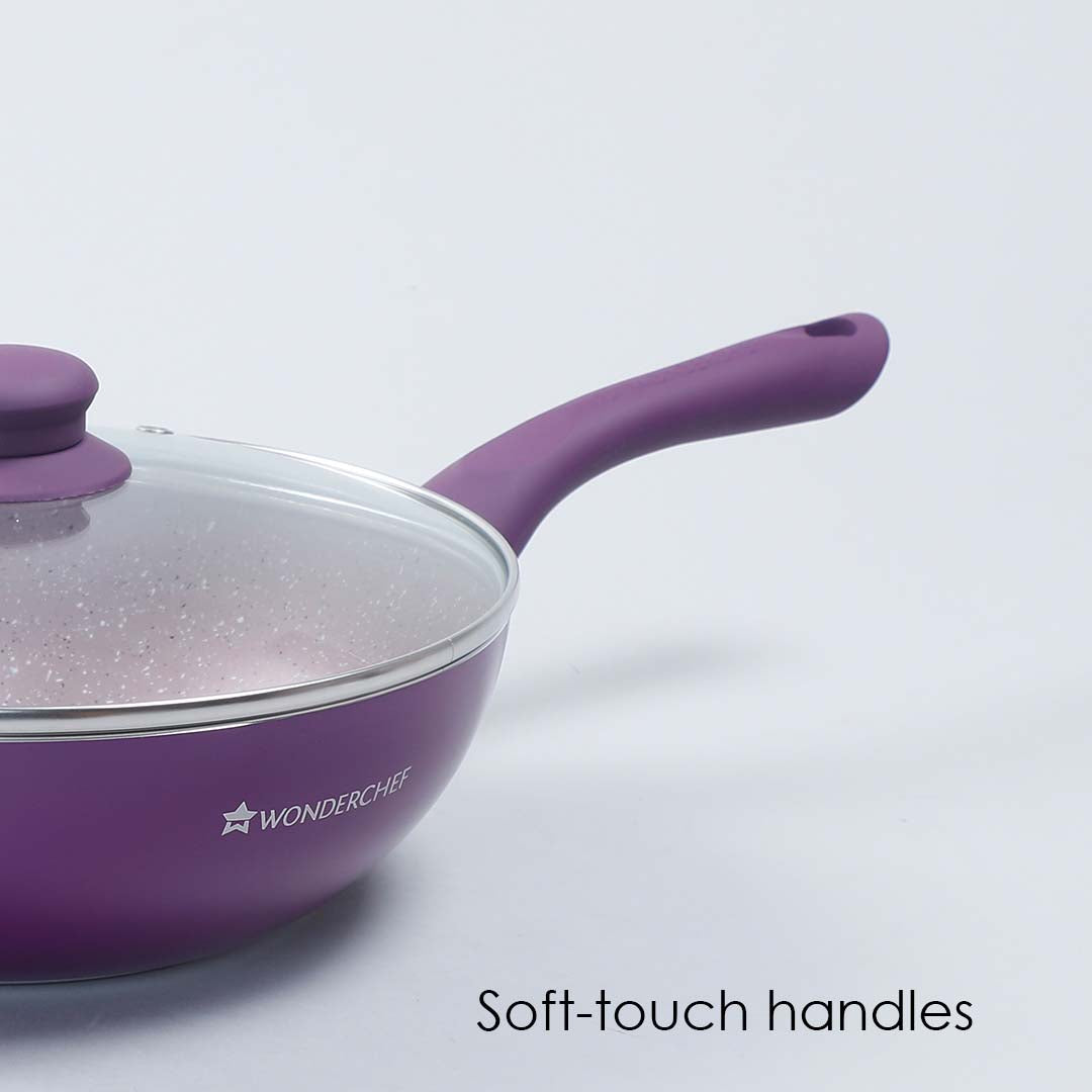 Royal Velvet Non-stick Cookware Set, 4Pc (Fry Pan with Lid, Wok, Dosa Tawa) 3mm, 2 Years Warranty, Purple