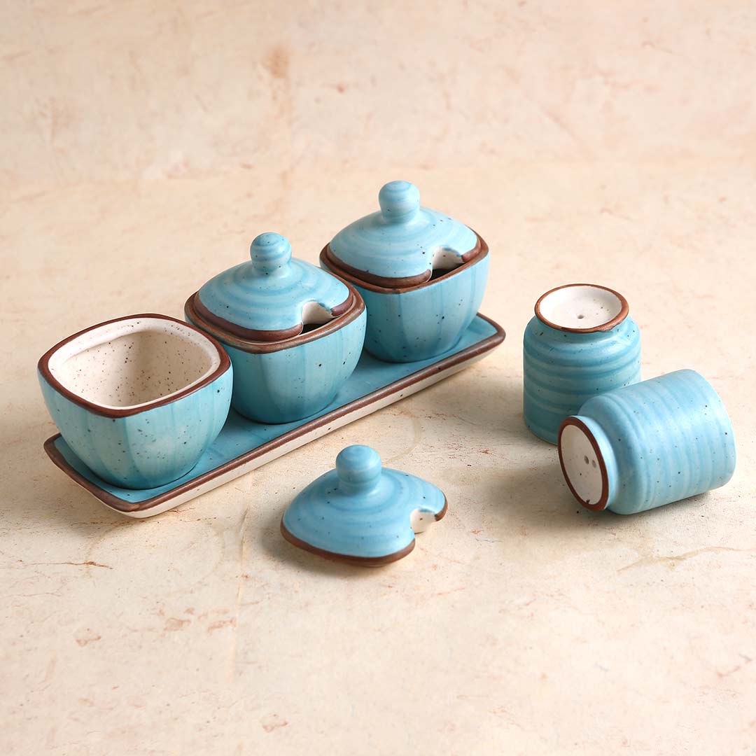 Teramo Stoneware 3 pcs Pickle Set with Lid & Tray  Blue and Salt & pepper Set Blue