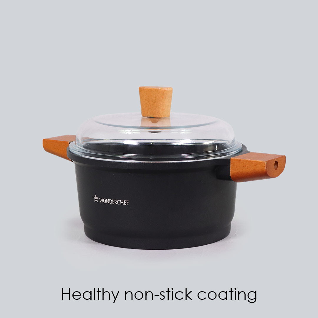 Caesar Non-Stick Casserole with Lid, German Beechwood Handle, Pure Grade Aluminium, Induction Bottom, 5mm, Black,  5 Years Warranty