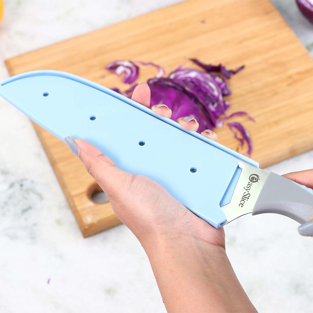 Easy Slice Stainless Steel Knife 8 Inches, Razor Sharp Double-Edged Blade, Hollow Blade Design, Full-Tang Construction, Plastic Guard for Protection, 5 Years Warranty, Blue