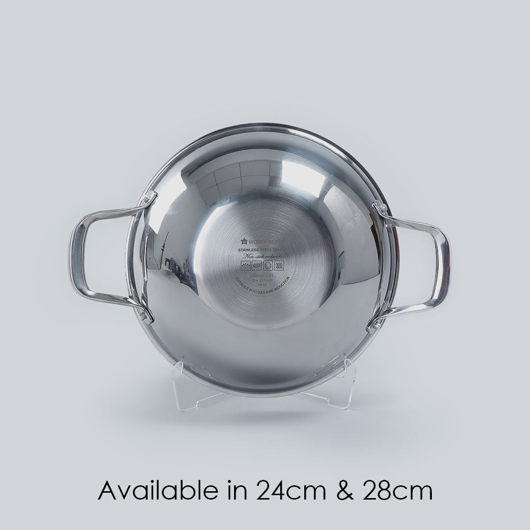 Stanton Stainless Steel Non-stick Kadhai With Lid- 28cm, 3.4L, 2.5mm