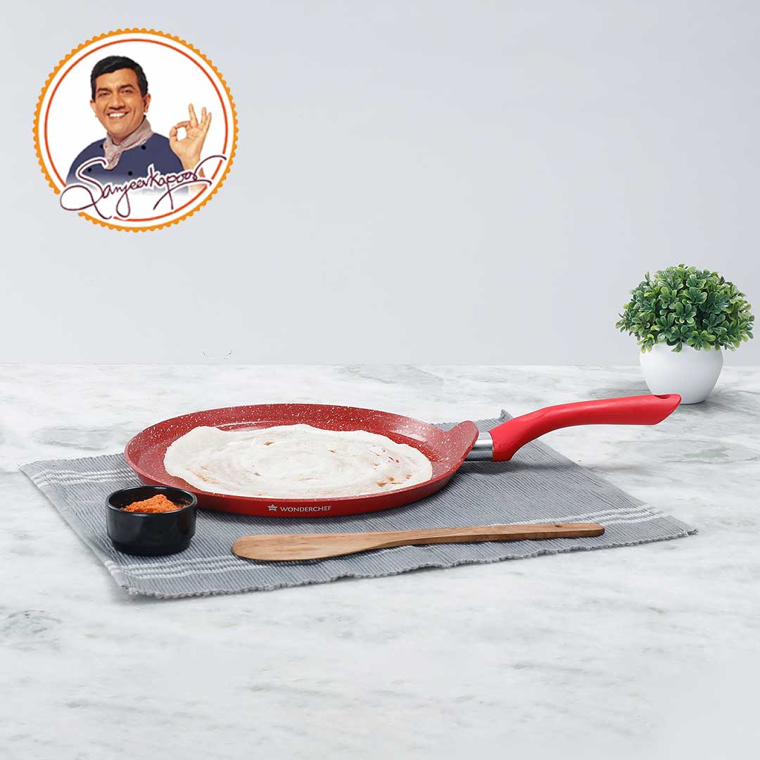 Royal Velvet Non-stick Dosa Tawa, Induction bottom, Soft-touch Handle, Virgin Grade Aluminium, PFOA/Heavy metals free,  28cm, 3mm, 2 years warranty, Red