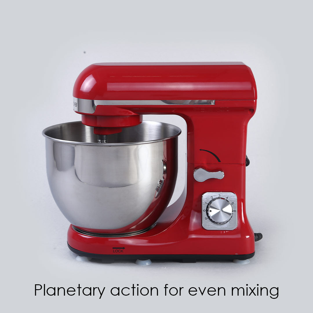 Crimson Edge Die-cast Metal Stand Mixer and Beater, 3 Attachments, 6 Speed Setting, 5L Bowl, 1000W – Red