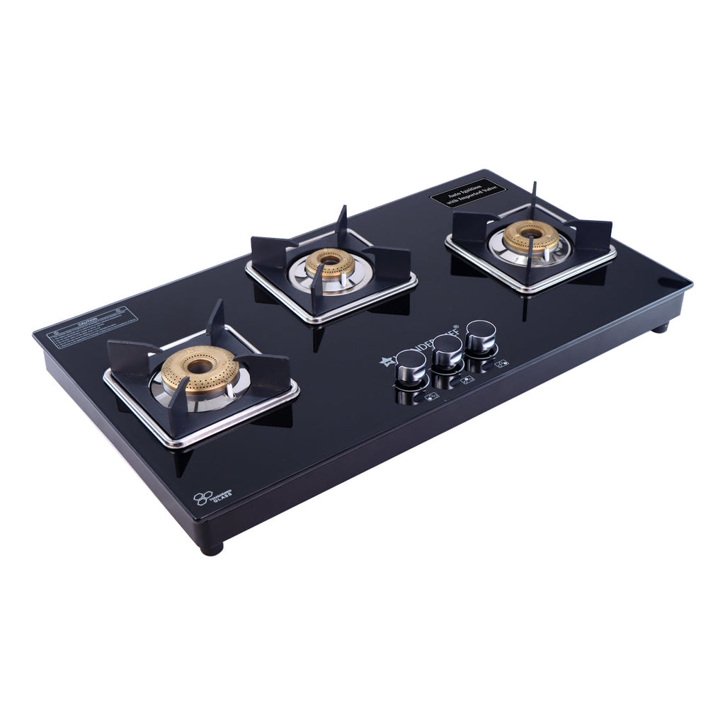 Octavia Auto 3 Burner, Ergonomic knobs, 8 mm thick toughened glass, 2 Years warranty