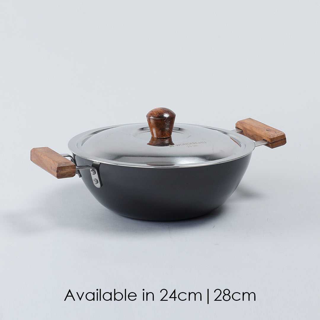 Ebony Hard Anodized Aluminium Wok with Lid- 24cm, 2.7L, 3.25mm, Black