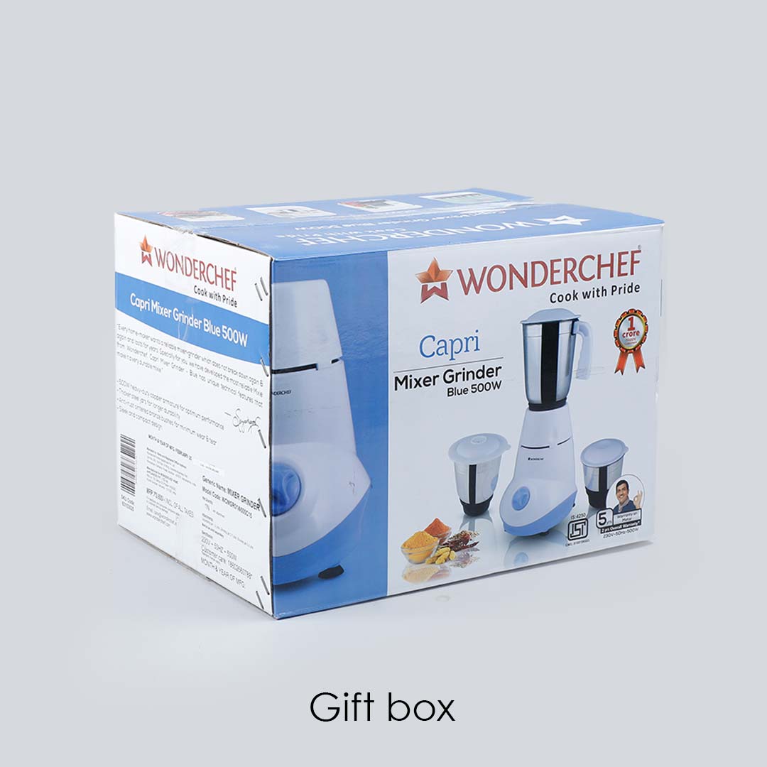 Wonderchef Capri Mixer Grinder 500W With 3 Stainless Steel Jars (White & Blue)