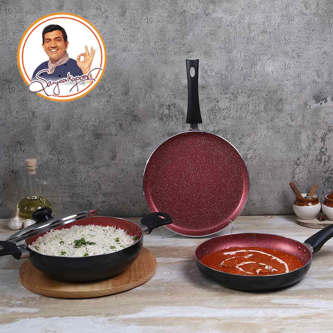 Sigma Non-stick Cookware Set, 4Pc (Kadhai with Lid, Dosa Tawa, Fry Pan), Induction Bottom, Cool Touch Bakelite Handles, Virgin Aluminium, PFOA Free, 2 Years Warranty, Red and Black