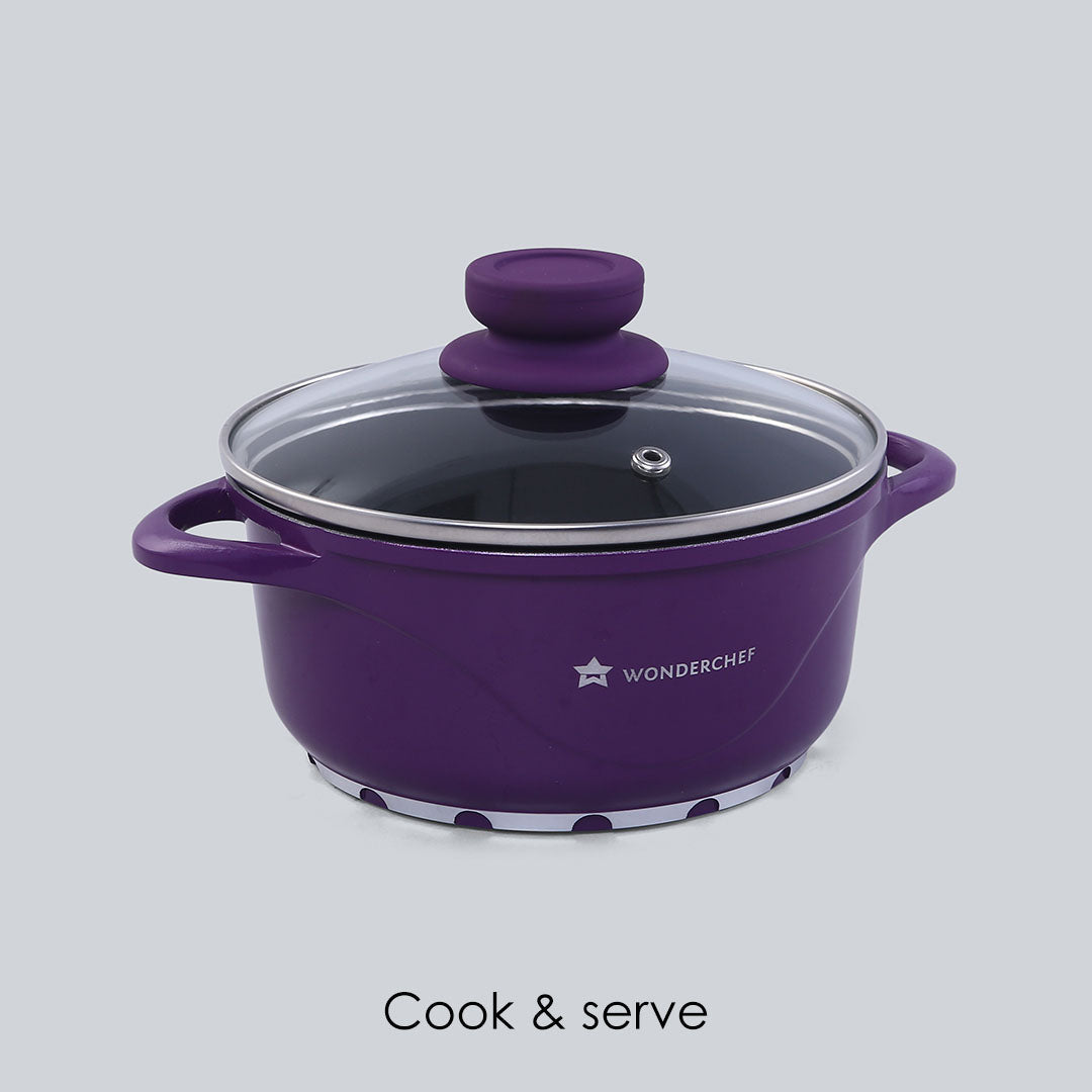 Ceramide Excellence Casserole Set, 3Pc (1200ML, 2000ML, 3500ML), Induction Friendly, Glass Lid, 2 Years Warranty, Purple