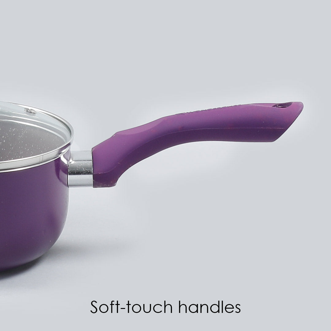 Royal Velvet Non-stick Sauce Pan with Lid, Induction bottom, Soft-touch handle, Virgin grade aluminium, PFOA/Heavy metals free, 3 mm, 2 years warranty, Purple