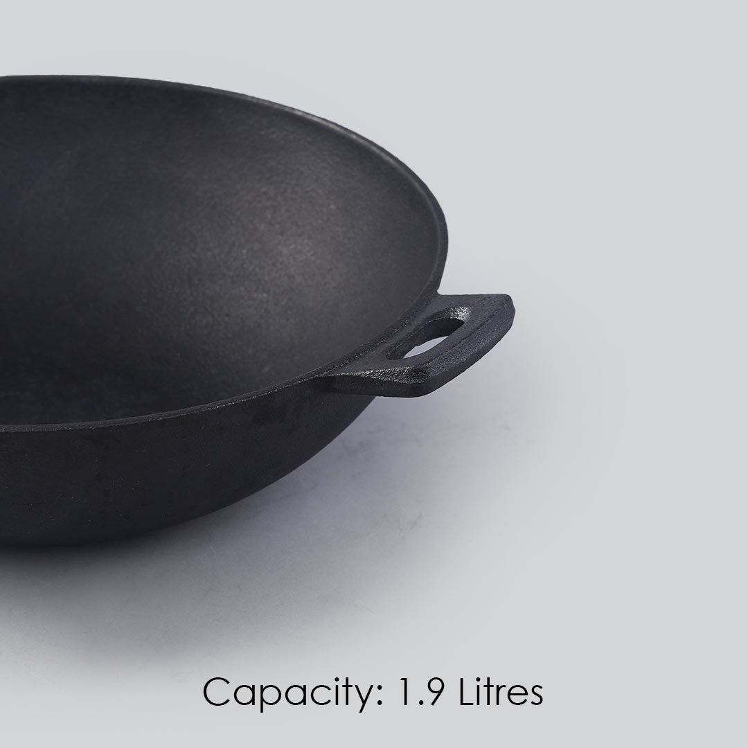 Forza Cast-iron Kadhai with lid combo, Pre-Seasoned Cookware, Induction Friendly, 24cm, 1.9L, 3.8mm