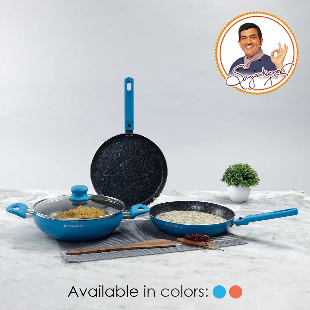 Power Non-stick Cookware Set, 4Pc (Wok with Lid, Fry Pan, Dosa Tawa), Induction Bottom, Soft Touch Bottom, Pure Grade Aluminum, PFOA Free, 2 Years Warranty, Blue