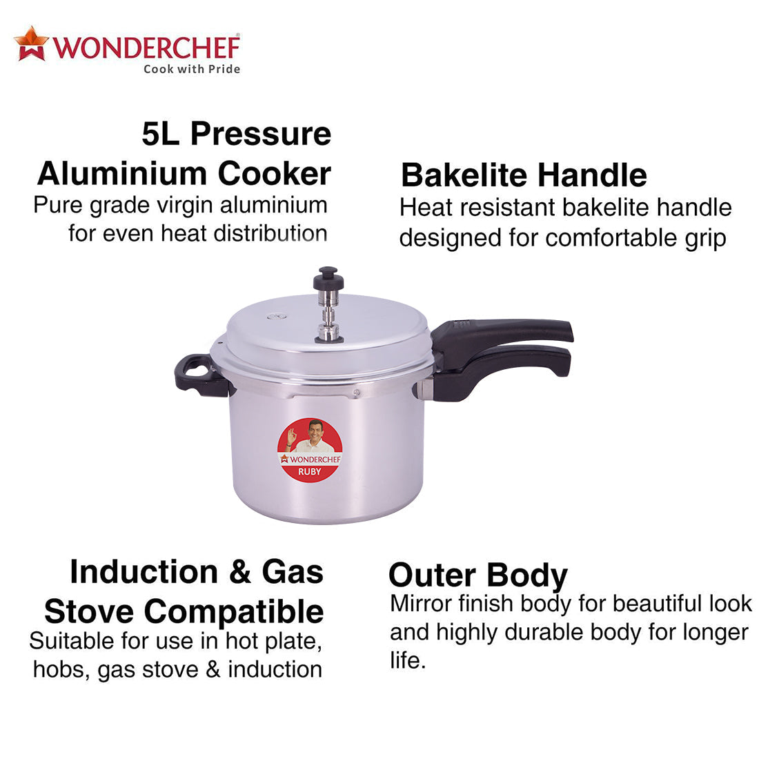 Ruby Induction Base Aluminium Pressure Cooker Combo with Outer Lid, 2, 3, 5L