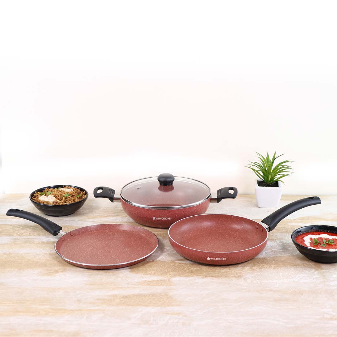 Platinum Plus Non-stick Cookware Set, 4Pc (Kadhai with Lid, Fry Pan, Dosa Tawa), Induction Bottom, Cool-touch Bakelite Handle, Pure Grade Aluminium, PFOA/Heavy Metals Free, 1 Year Warranty, Brick Red