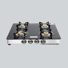 Load image into Gallery viewer, Energy 4 Burner Glass Cooktop, Black 8mm Toughened Glass  with 1 Year Warranty, Soft Touch Knobs, Efficient Brass Burners, Stainless Steel Double Drip Tray