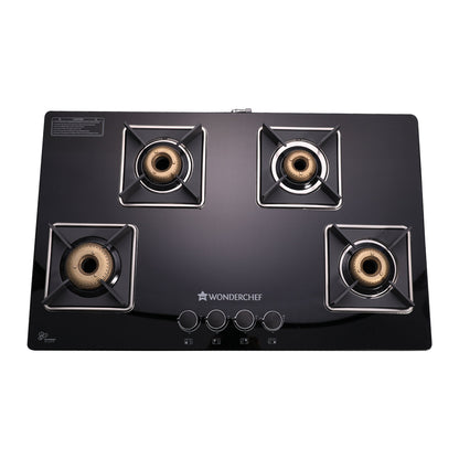 Octavia 4 Burner Glass Hob Top Cooktop, Black 8mm Toughened Glass with 2 Years Warranty, Ergonomic Knobs, Forged Brass Burners, Stainless Steel Drip Tray, Manual ignition