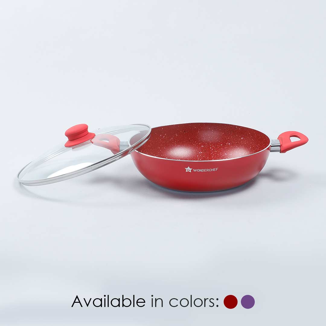 Royal Velvet Nonstick 2H Wok with Lid - Red, Induction bottom, soft Touch Handles, Virgin Grade Aluminium, PFOA/Heavy Metals Free, 3mm, 26cm, 3L, 2 Years Warranty