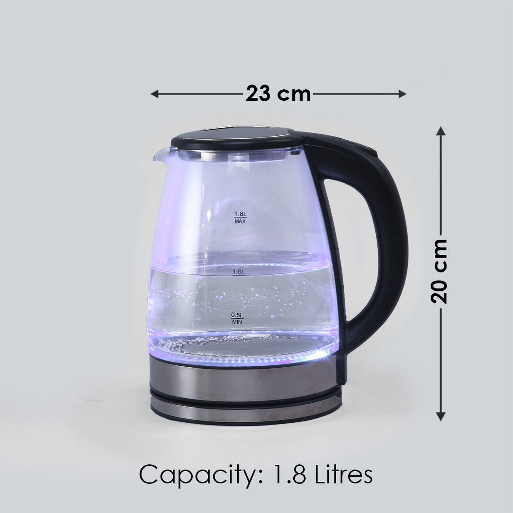 Azure Electric Glass Kettle, 1.8L, Borosilicate Glass Body, Stainless Steel Heating Plate, 1500W, 1 Year Warranty