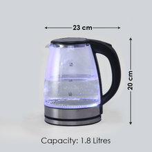 Load image into Gallery viewer, Azure Electric Glass Kettle, 1.8L, Borosilicate Glass Body, Stainless Steel Heating Plate, 1500W, 1 Year Warranty