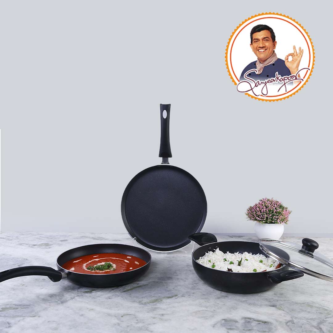 Platinum Plus Non-stick Cookware Set, 4Pc (Kadhai with Lid, Fry Pan, Dosa Tawa), Induction Bottom, Cool-touch Bakelite Handle, Pure Grade Aluminium, PFOA/Heavy Metals Free, 1 Year Warranty, Black