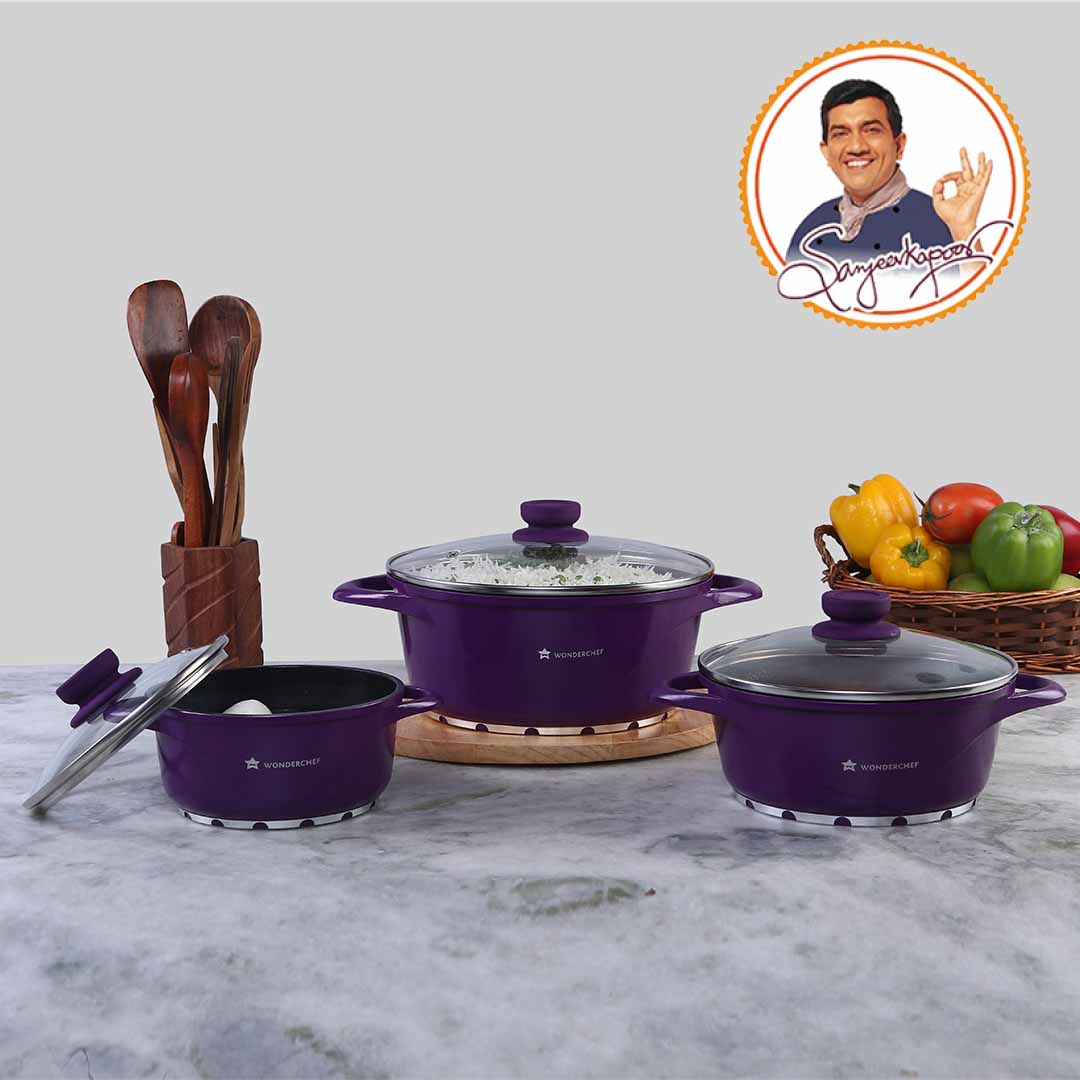 Ceramide Excellence Casserole Set, 3Pc (1200ML, 2000ML, 3500ML), Induction Friendly, Glass Lid, 2 Years Warranty, Purple