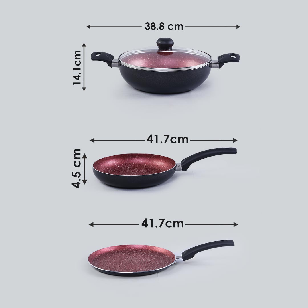 Sigma Non-stick Cookware Set, 4Pc (Kadhai with Lid, Dosa Tawa, Fry Pan), Induction Bottom, Cool Touch Bakelite Handles, Virgin Aluminium, PFOA Free, 2 Years Warranty, Red and Black