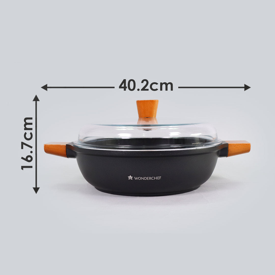 Caesar Non-Stick Casserole with Lid, German Beechwood Handle, Pure Grade Aluminium, Induction Bottom- 28cm, 4.07L, 5mm, Black, 5 Years Warranty