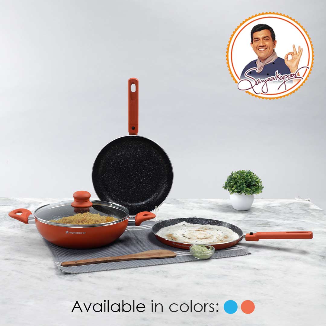 Power Non-stick Cookware Set, 4Pc (Wok with Lid, Fry Pan, Dosa Tawa), Induction Bottom, Soft Touch Handles, Pure Grade Aluminum, PFOA Free, 2 Years Warranty, Orange