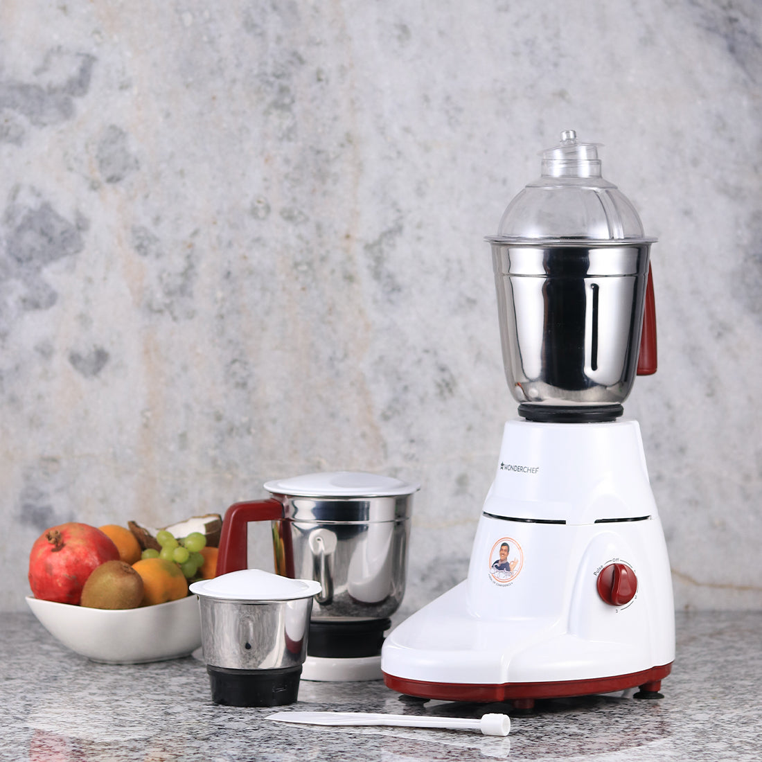 Rialto Mixer Grinder, 750W With 3 Thicker Steel Jars, Die-cast Jar Base, Sharp Blade, 5 Years Warranty on Motor, White & Brown