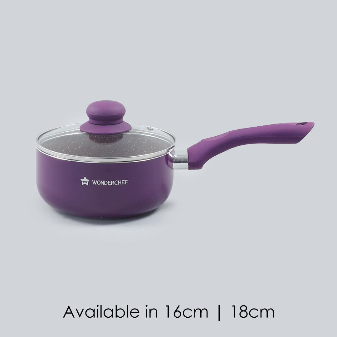 Royal Velvet Non-stick Sauce Pan with Lid, Induction bottom, Soft-touch handle, Virgin grade aluminium, PFOA/Heavy metals free, 3 mm, 2 years warranty, Purple