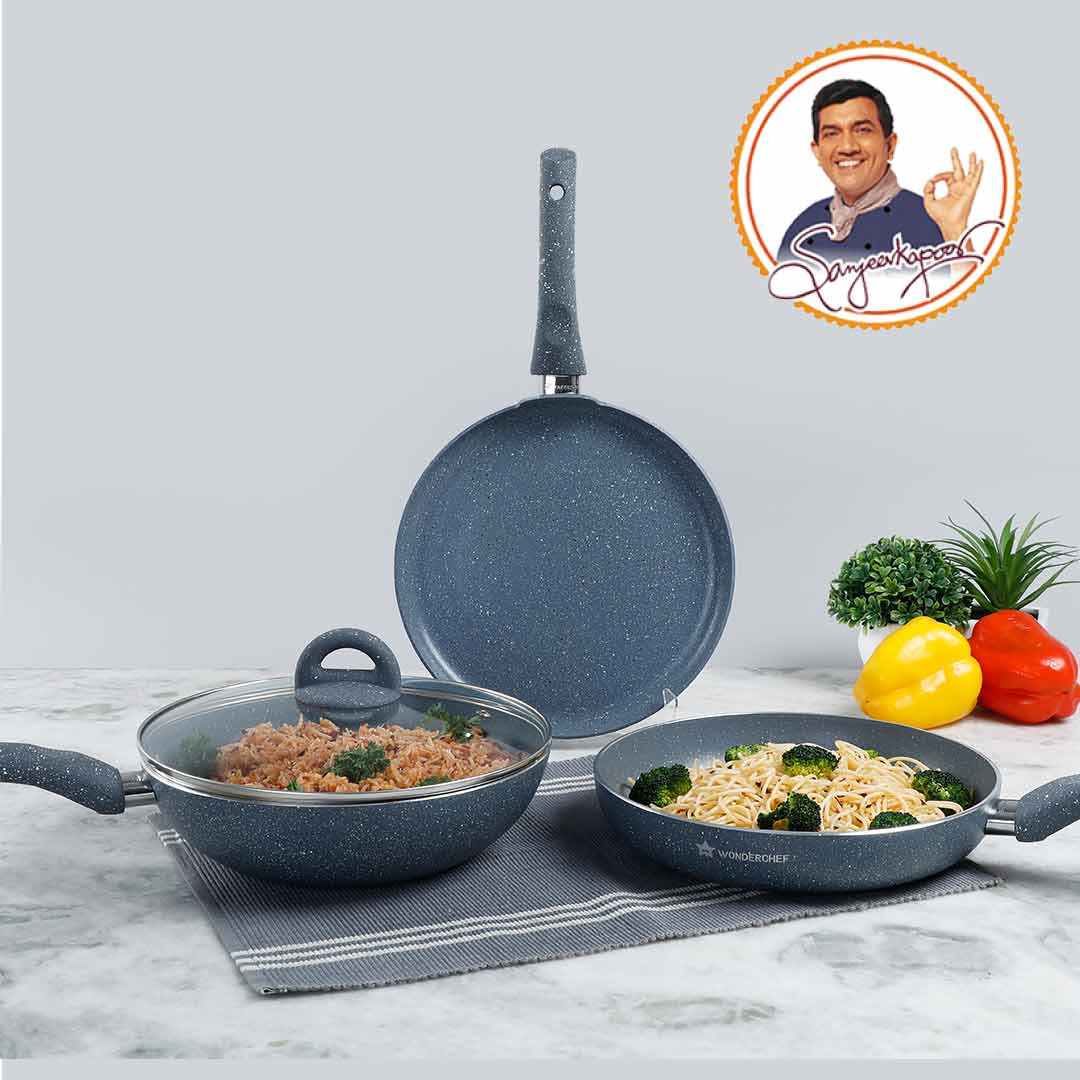 Granite Non-stick Cookware Set, 4Pc (Fry Pan with Lid, Wok, Dosa Tawa), Induction Bottom, Soft-touch Handles, Virgin Grade Aluminium, PFOA/Heavy metals free, 3.5mm, 2 years warranty, Grey