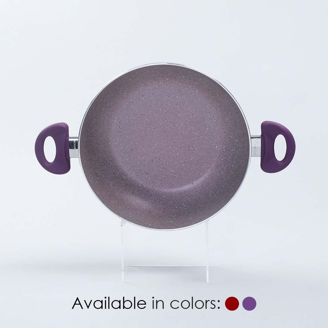 Royal Velvet Non-stick Wok with Lid, Induction bottom, Soft-touch handle, Virgin grade aluminium, PFOA/Heavy metals free, 3 mm, 2 years warranty, Purple