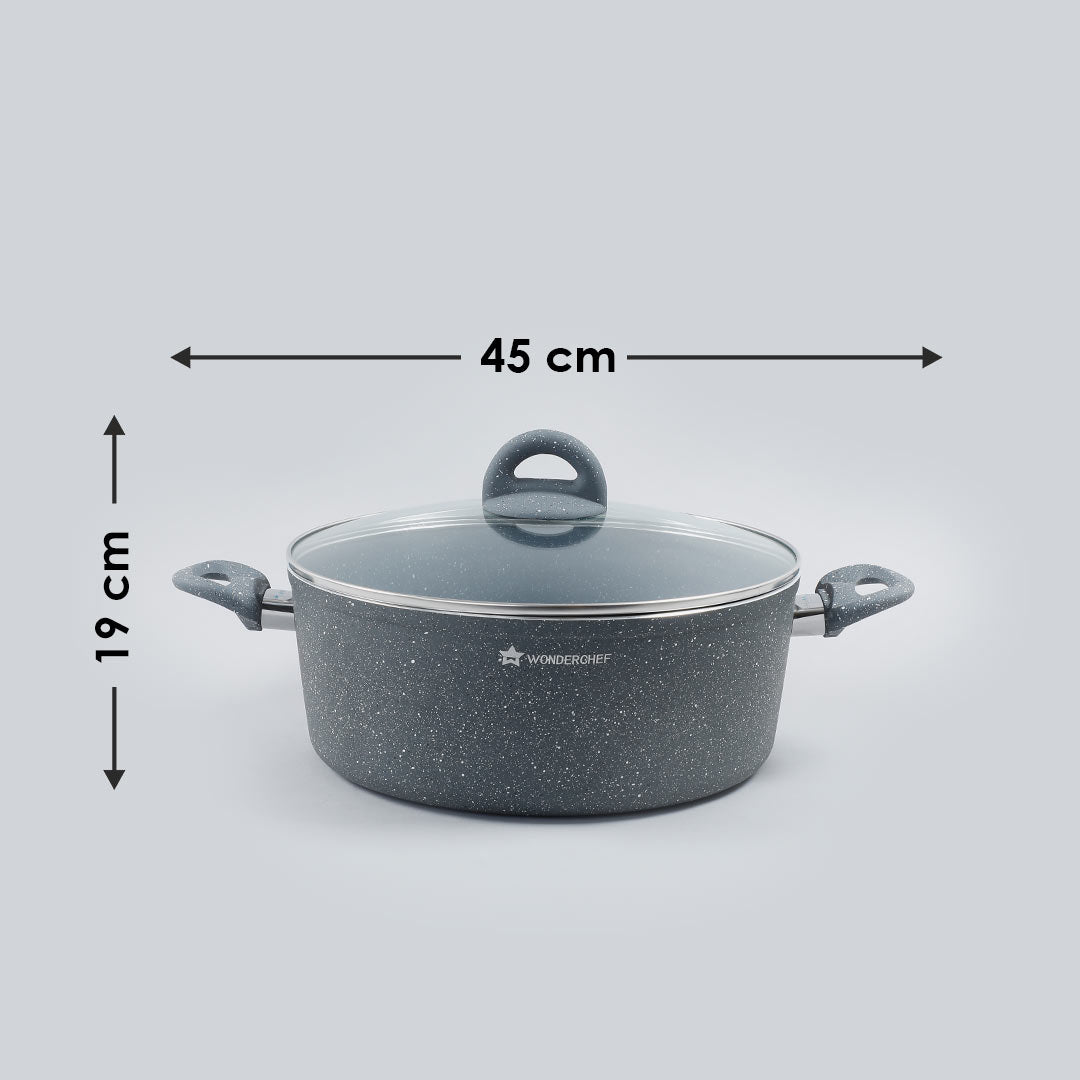 Granite Non-stick Casserole, Induction Bottom, Soft-touch Handle, Virgin Grade Aluminium, PFOA/Heavy metals free, 3.5mm, 2 Years Warranty, Grey