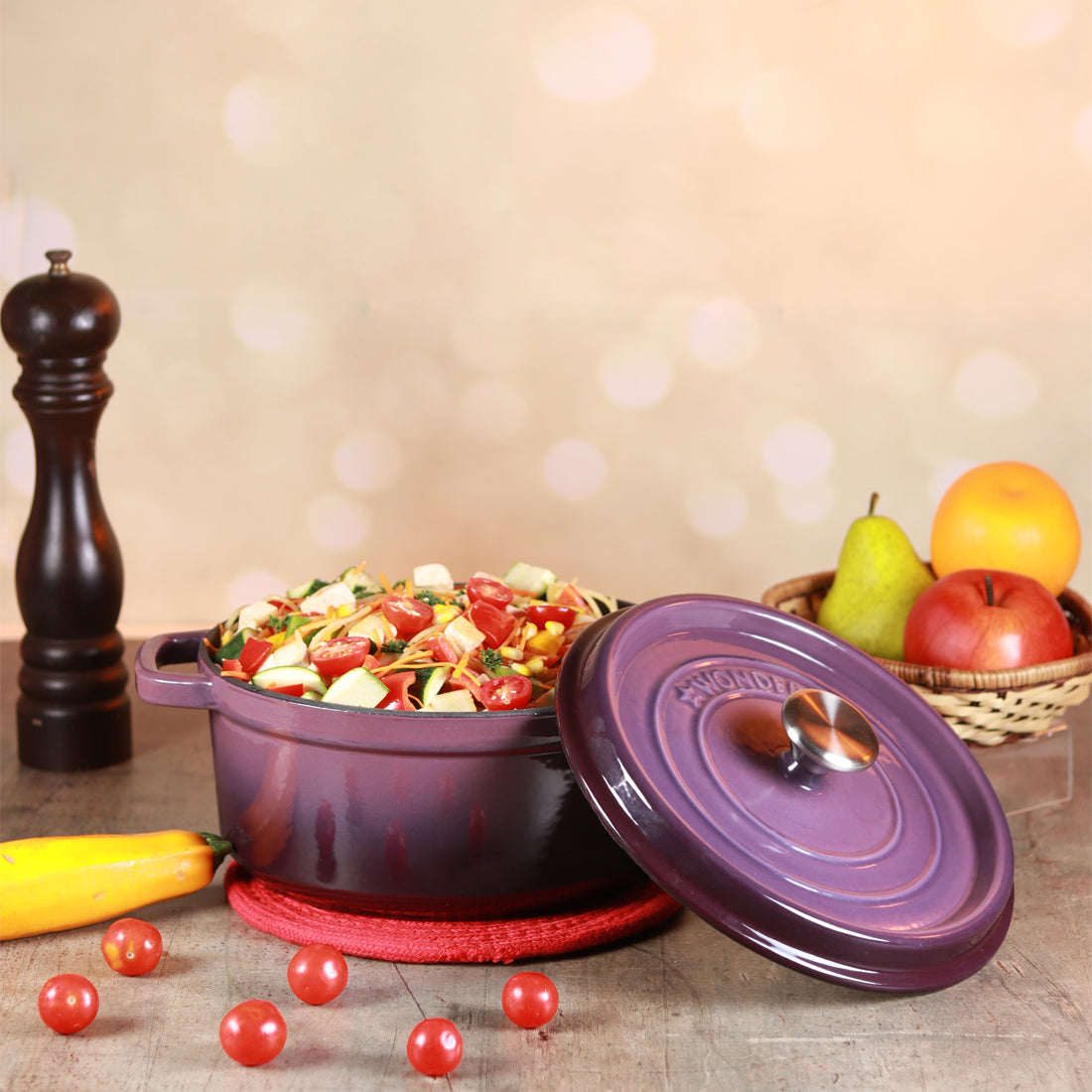 Ferro Cast-iron Casserole with Lid, Induction Friendly, Enamel Coating- 3.5mm, Purple, 5 Years Warranty