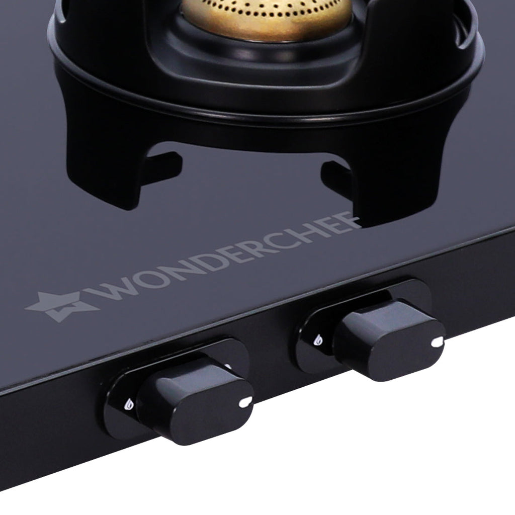 Slimline 2 Burner Glass Cooktop, Black 7mm Toughened Glass with 2 Years Warranty, Ergonomic knobs, Black Powder-Coated Drip Tray, Forged Brass Burners, Manual Ignition Gas Stove