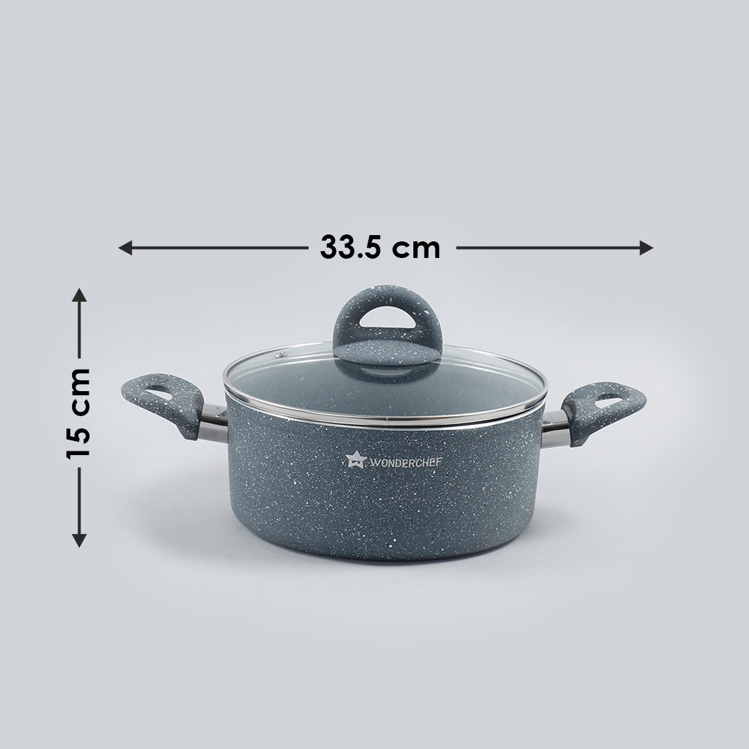 Granite Non-stick Casserole, Induction bottom, Soft-touch handles, Virgin grade aluminium, PFOA/Heavy metals free, 3.5mm, 2 years warranty, Grey - Wonderchef