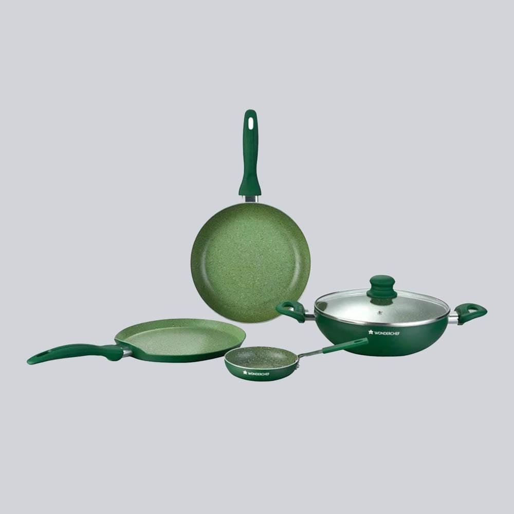 Valencia Non-stick Cookware Set, 5Pc (Wok With Lid, Fry Pan, Dosa Tawa, Mini Fry Pan), Induction Friendly, Soft Touch Handles, Pure Grade Aluminium, PFOA Free, 2 Years Warranty, Green