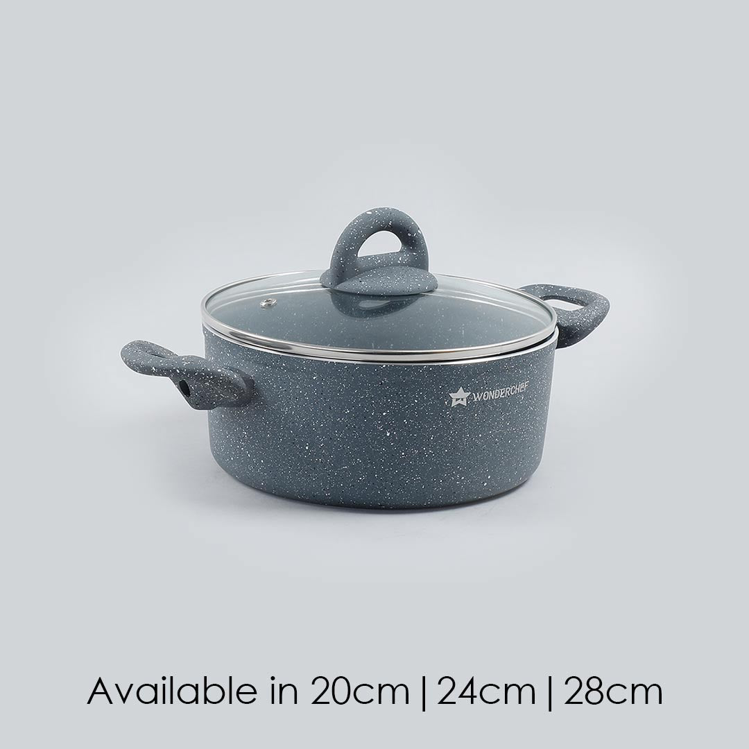 Granite Non-stick Casserole, Induction bottom, Soft-touch handles, Virgin grade aluminium, PFOA/Heavy metals free, 3.5mm, 2 years warranty, Grey - Wonderchef