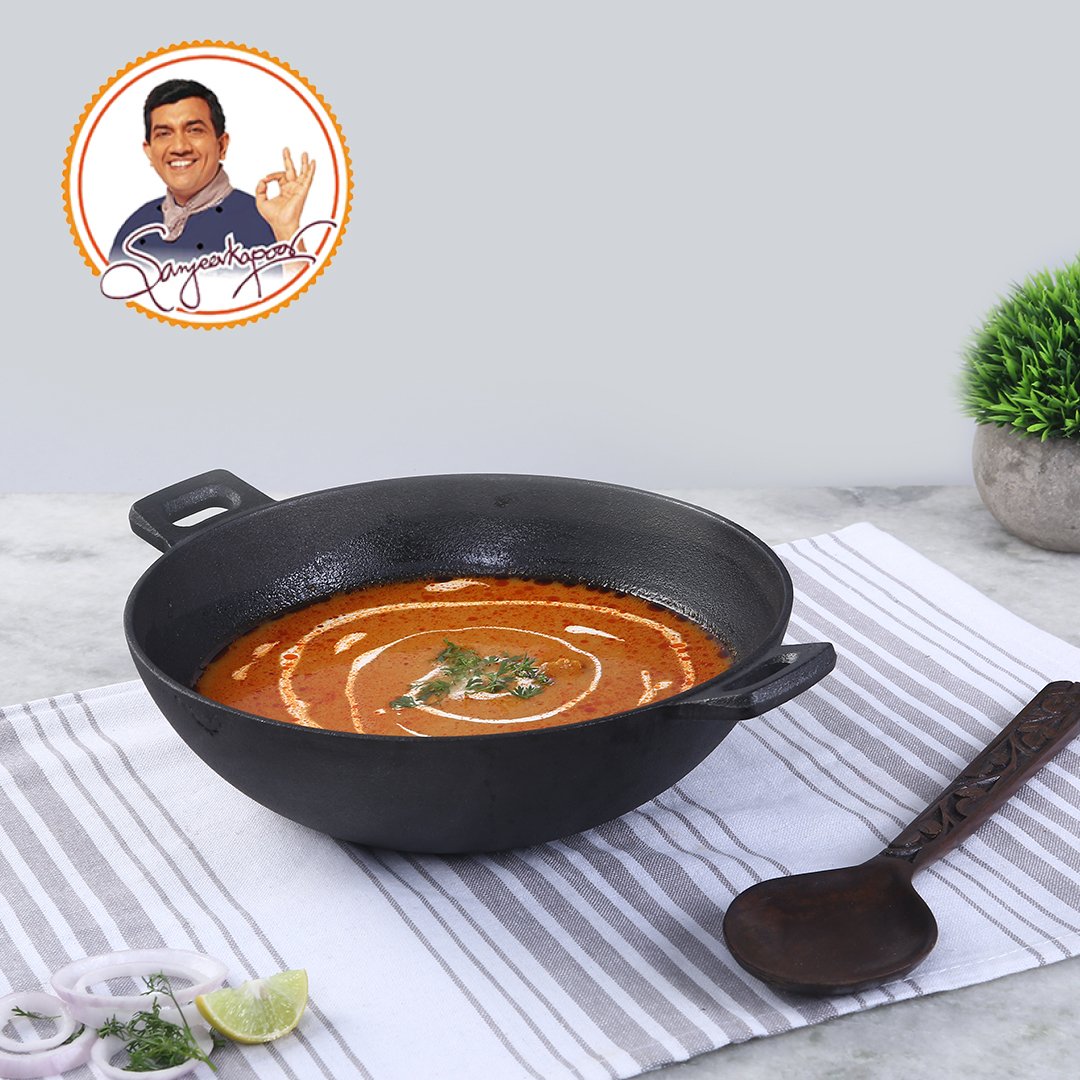 Forza Cast-iron Kadhai with lid combo, Pre-Seasoned Cookware, Induction Friendly, 24cm, 1.9L, 3.8mm