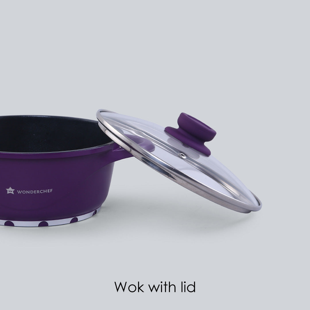 Ceramide Excellence Casserole Set, 3Pc (1200ML, 2000ML, 3500ML), Induction Friendly, Glass Lid, 2 Years Warranty, Purple