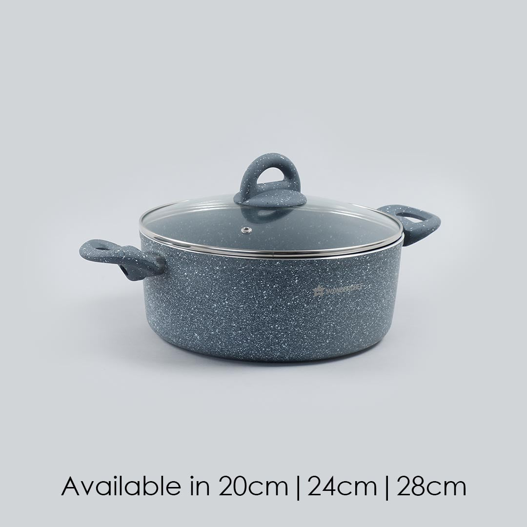 Granite Non-stick Casserole, Induction bottom, Soft-touch handles, Virgin grade aluminium, PFOA/Heavy metals free, 3.5mm, 24cm, 4 Litres, 2 years warranty, Grey - Wonderchef