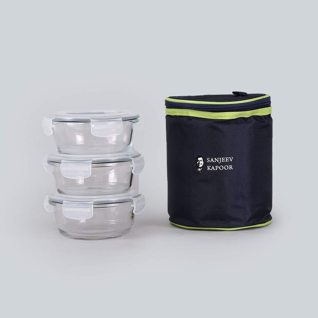 Boston Round Glass Lunch Boxes With Insulated Bag 400ml - Set Of 3 Pcs