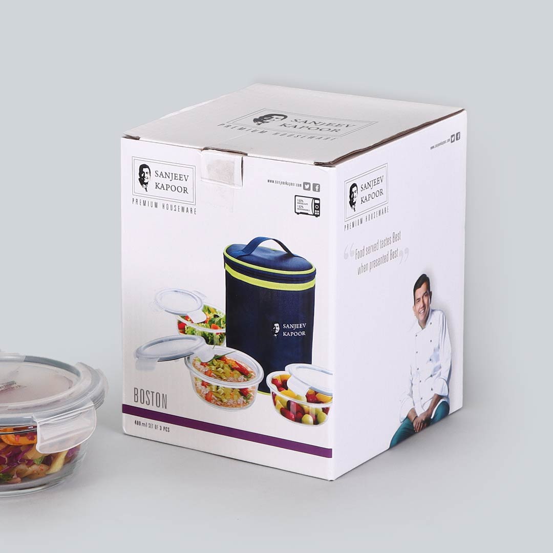 Boston Round Glass Lunch Boxes With Insulated Bag 400ml - Set Of 3 Pcs