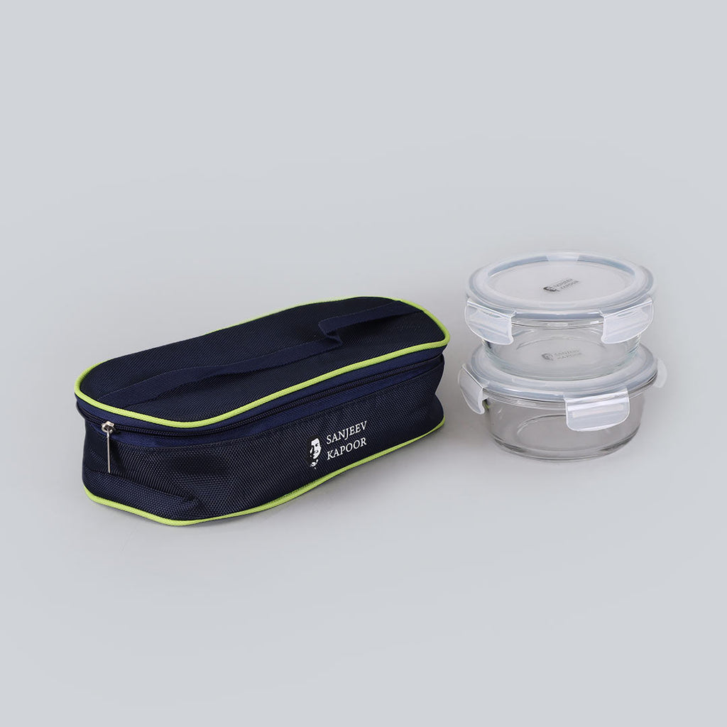 Boston Round Glass Lunch Boxes With Insulated Bag 400ml - Set Of 2 Pcs