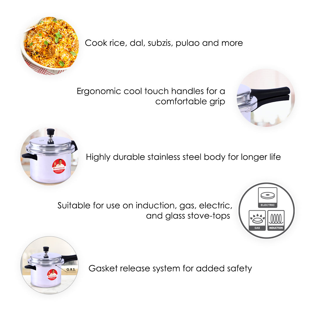 Platinum Pressure Cooker Combo Set (2L, 3L & 5L), Single valve, Ergonomic cool touch handles, Durable body,