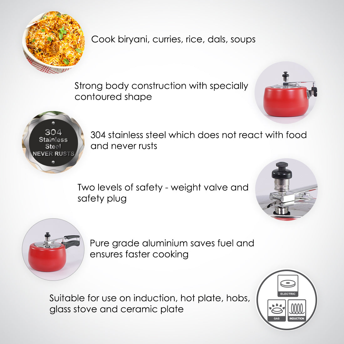 Regalia Induction Base Pressure Cooker with Inner Lid, 3L, 2 Years Warranty, Red