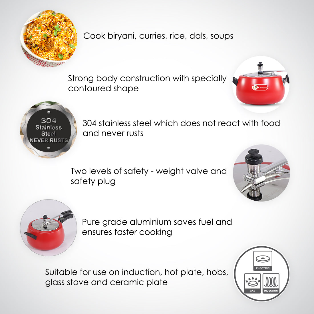 Regalia Induction Base Pressure Cooker with Inner Lid, 5L, 2 Years Warranty, Red